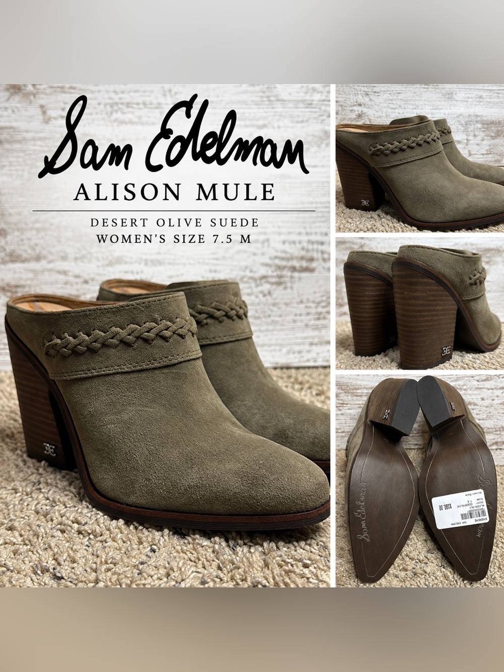 Sam Edelman Alison Mule Women’s 7.5 Desert Olive Suede Western Heeled Mules